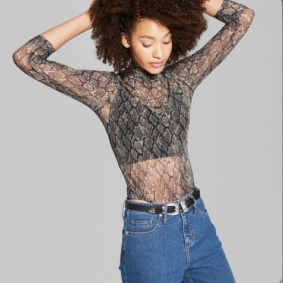 wild fable Tops - Sheer Snakeskin Mock Neck Long Sleeve Top